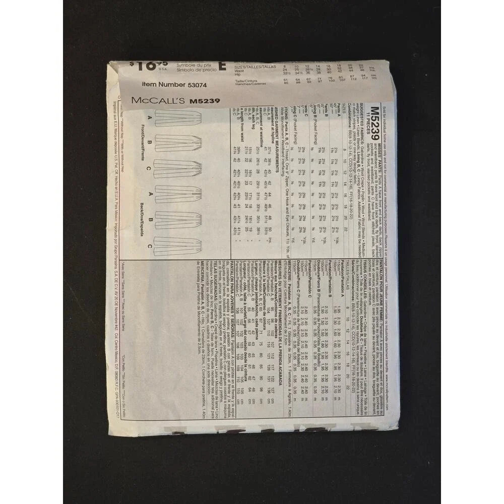McCall's SEWING PATTERN 5239 Misses‎ Perfect Fit PANTS Palmer Pletsch UNCU